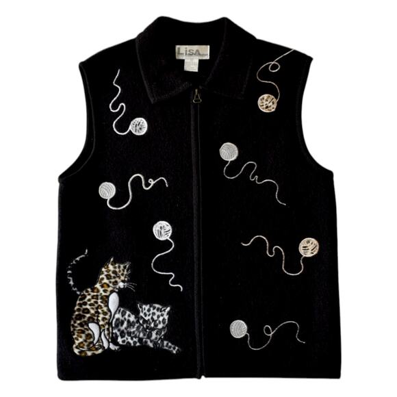 Cats and Yarn Embroidered Black Wool Zipper Vest Size Medium - Picture 1 of 6